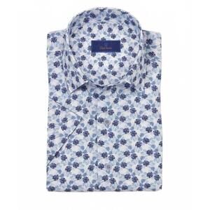 NEW DAVID DONAHUE men's tropical print short sleeve shirt in white & blue
